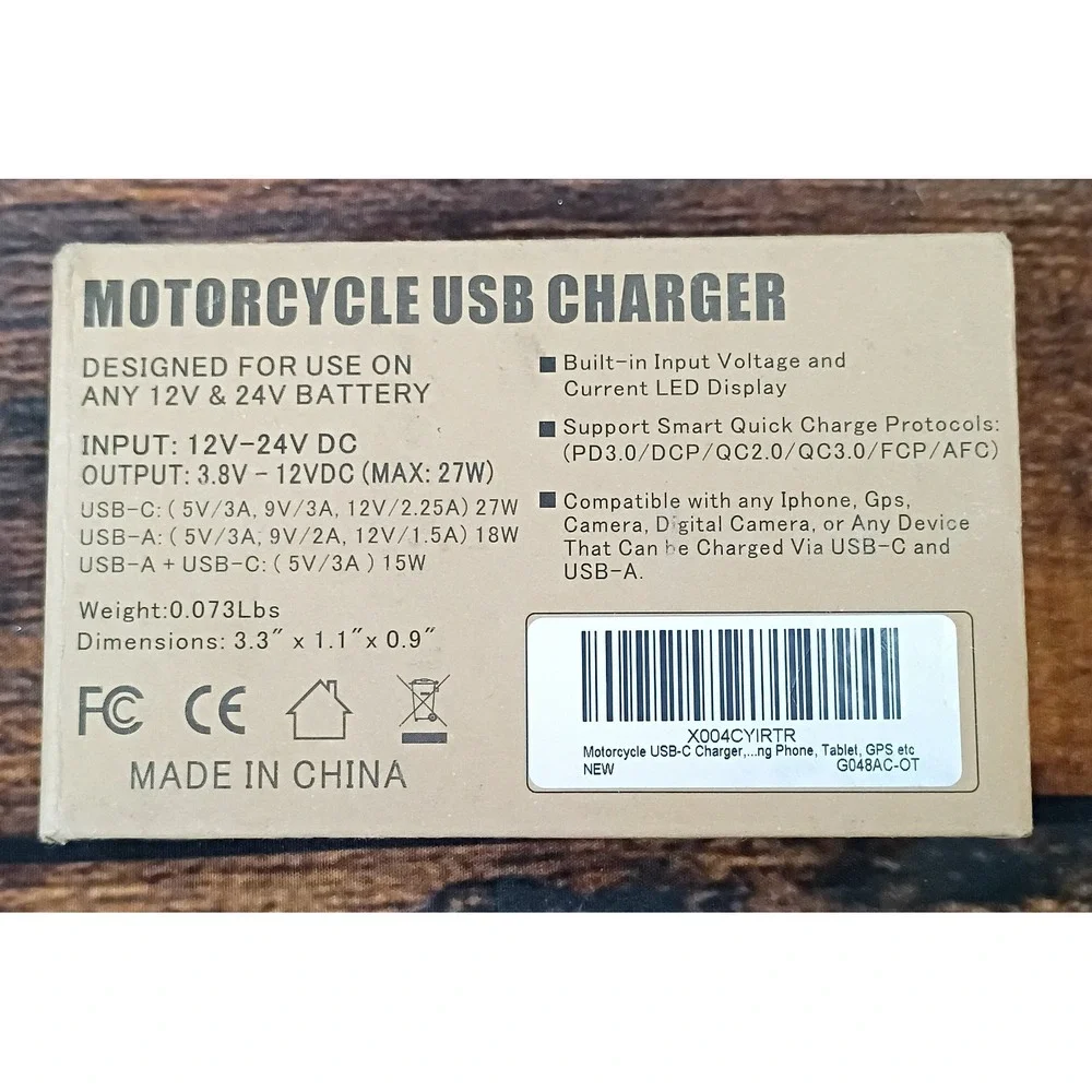 Motorcycle USB Charger PD 27W USB-C & QC 3.0 USB-A Dual Port 12V-24V LED Display
